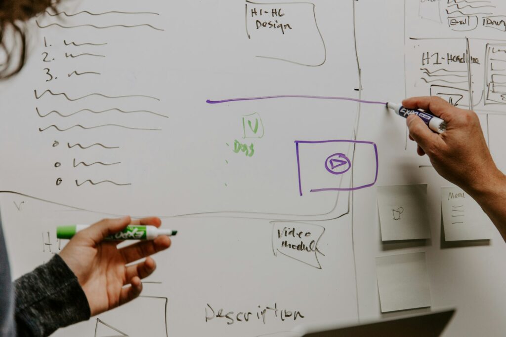 Jobsharing Führungsposition im Alltag: Tandem plant mit dem Team am Whiteboard